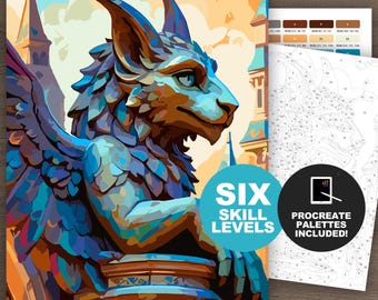 Gargoyle Procreate Color by Number, Printable Coloring Page (6 Skill Levels), Gothic Paint by Number Digital Download, Mythical Gargoyle