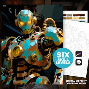 May include: A digital or print coloring page set featuring a steampunk robot with a teal and rust color scheme. The image includes a circular graphic with the text "SIX SKILL LEVELS" and icons for digital and print options.