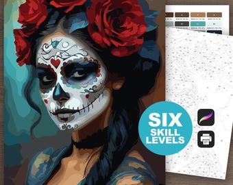 Sugar Skull Frau Color by Number: Tag der Toten Printable oder Procreate Malseite, Mexikanische Festival Art (6 Schwierigkeitsstufen)