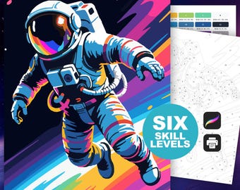 Astronaut Paint by Number: Sci-Fi Coloring Pages, Digital Outer Space Art (Procreate, Printable, 6 Skill Levels)
