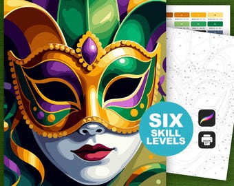 Mardi Gras Mask Paint by Number: New Orleans Coloring Pages (Procreate, Printable, 6 Skill Levels)