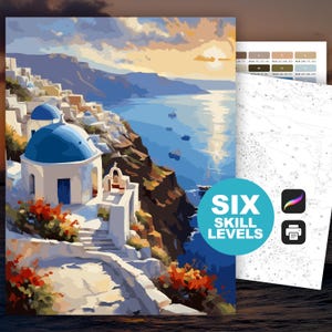Color by Number Santorini Greece (6 Skill Levels): Paint by Numbers Printable Greek Island Coloring Page Digital Download Travel Art