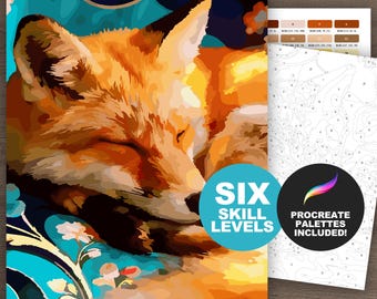 Sleeping Fox, Digital Paint by Number Kit: Woodland Animal Adult Coloring Pages, Printable Procreate Color by Number (6 Skill Levels)