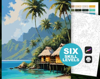 Color by Number Island Beach (6 Skill Levels): Paint by Numbers Printable Tropical Coloring Page Digital Download Bay Scene, Ocean Getaway