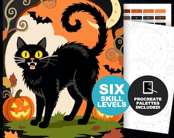 Malen-nach-Zahlen-Set „Schwarze Katze“, Vintage-Halloween-Vorlage zum Ausdrucken, Ausmalbilder für Erwachsene, Gruselige Jahreszeit – Malen nach Zahlen