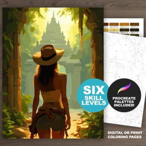 Puede incluir: Una plantilla digital de pintura por números con una persona con sombrero frente a la entrada de un templo. La imagen incluye una guía de paleta de colores, contornos numerados y el texto SIX SKILL LEVELS, PROCREATE PALETTES INCLUDED y DIGITAL OR PRINT COLORING PAGES.