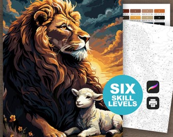 Color by Number Lion and Lamb (6 Levels): Paint by Number Printable Christian Artwork Digital Download, Jesus Coloring, Faith-Based Animals