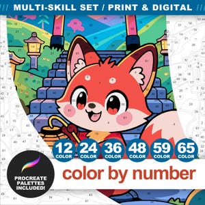 Chibi fox paint by number design with numbered sections and 12, 24, 36, 48, 59, and 65-color options for print or digital coloring