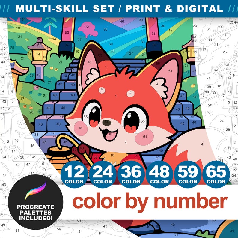 Chibi fox paint by number design with numbered sections and 12, 24, 36, 48, 59, and 65-color options for print or digital coloring