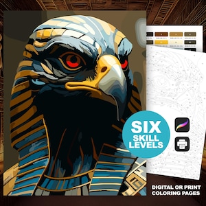 May include: A digital or print coloring page featuring a stylized illustration of an Egyptian falcon with red eyes, gold and blue accents. The image includes the text "SIX SKILL LEVELS" and "DIGITAL OR PRINT COLORING PAGES".