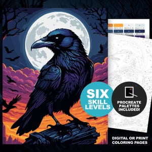 Color by Number Raven: Spooky Halloween Paint by Number Printable, Gothic Bird Adult Coloring Pages with (Procreate, 6 Skill Levels)