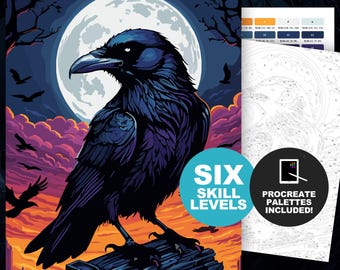 Color by Number Raven: Spooky Halloween Paint by Number Printable, Gothic Bird Adult Coloring Pages with (Procreate, 6 Skill Levels)