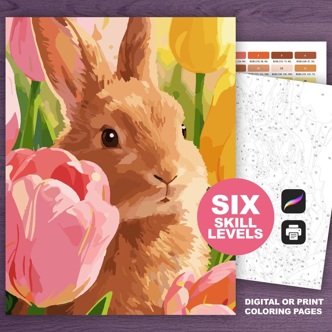 Cute Bunny Rabbit Paint by Number Kit: Spring Coloring Pages in Pastel ...