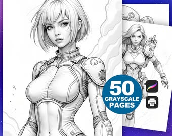 Sci-Fi Coloring Book: Fantasy Science Fiction Grayscale Coloring Pages, Digital or Printable, Female Heroines, Space Warriors (50 Designs)
