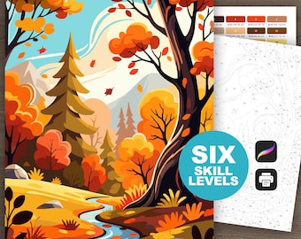Peinture forêt d'automne à numéro : pages à colorier d'automne (imprimables et compatibles avec la procréation, 6 niveaux de compétence)