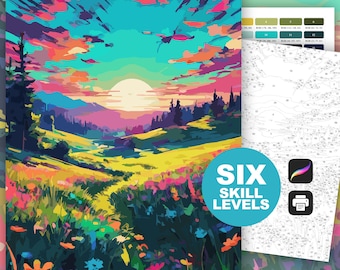 Landscape Color by Number for Adults Paint by Number Printable Coloring Page Digital Download Nature PDF PNG SVG Wildflower Coloring Floral