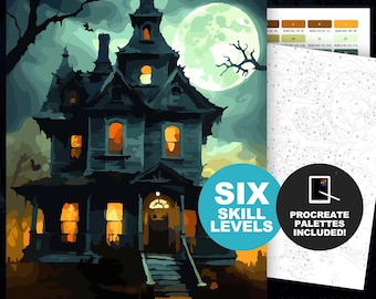 Color by Number Halloween Haunted House: Painting by Numbers Creepy Mansion Printable Coloring Page Digital Download (6 Skill Levels)