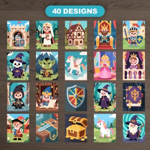 Preview of 20 designs from the Easy Medieval Fantasy Color by Number bundle. Features knight, queen, princess, castle, wizard, orc, unicorn, pegasus, magical book, treasure chest, shield, sword, villager, mage, and fantasy house. Each design uses 12–17 colors.