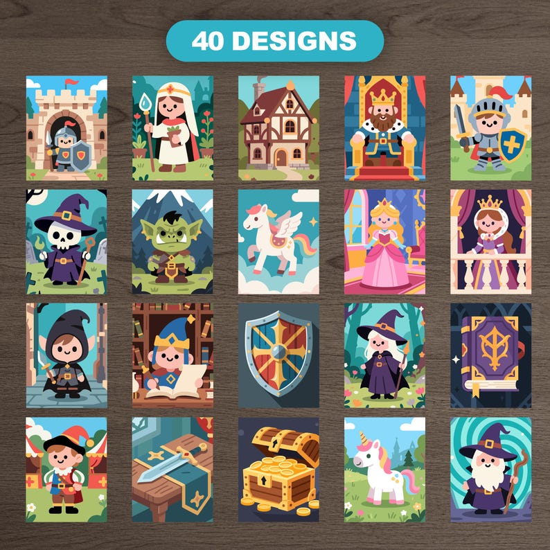 Preview of 20 designs from the Easy Medieval Fantasy Color by Number bundle. Features knight, queen, princess, castle, wizard, orc, unicorn, pegasus, magical book, treasure chest, shield, sword, villager, mage, and fantasy house. Each design uses 12–17 colors.