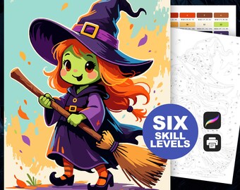 Cute Witch Paint by Number: Halloween Coloring Pages (Procreate and Printable, 6 Skill Levels)