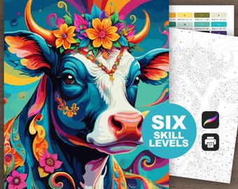 Color by Number Cow (6 Skill Levels): Paint by Numbers Printable Rainbow Cow Digital Download Coloring Page, Vibrant Floral Farm Animal