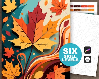 Autumn Leaves Paint by Number: Fall Coloring Pages (Printable and Procreate-compatible, 6 Skill Levels)