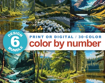 Color by Number Landscape (Set of 6): Paint by Numbers Nature Scenes Printable Coloring Pages Digital Download Scenery Procreate Pages