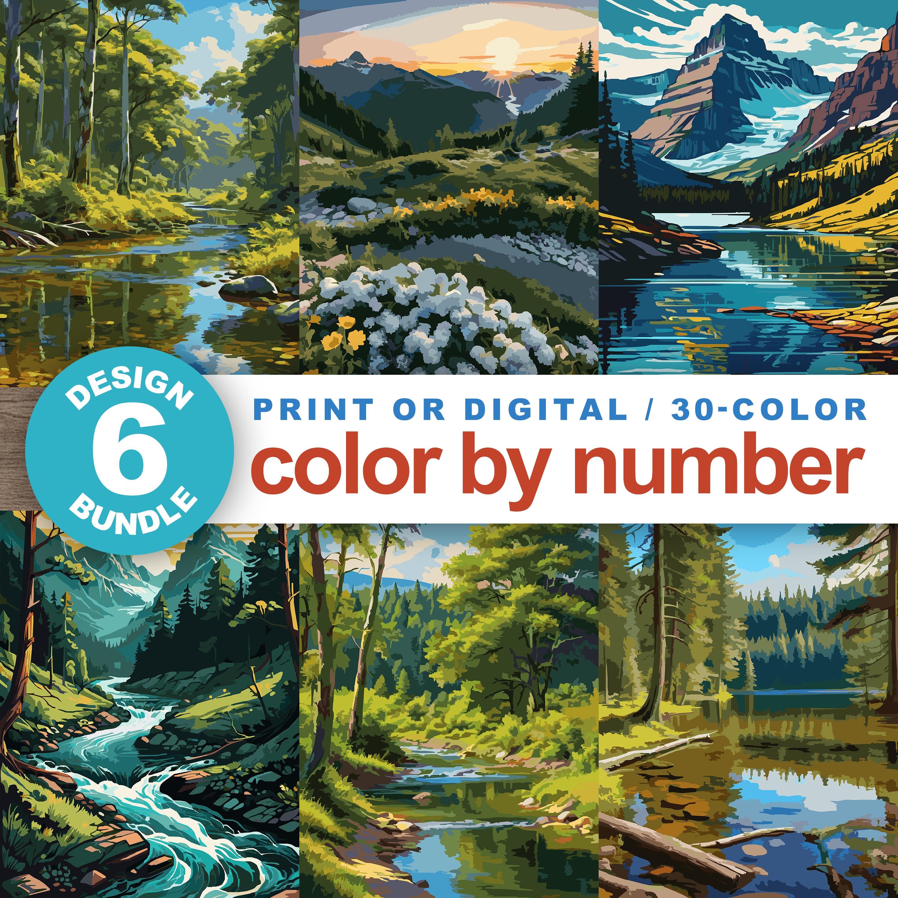 Paisajes por números (set de 6) – Imprimible y compatible con Procreate, escenas de naturaleza