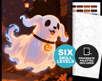 Malen nach Zahlen – Halloween-Geisterhund: Gruselige Malvorlagen für Erwachsene, digitale Halloween-App für Procreate, druckbar, 6 Schwierigkeitsstufen