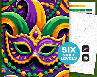 Mardi Gras Mask Paint by Number: New Orleans Coloring Pages (Procreate, Printable, 6 Skill Levels)