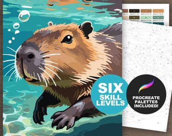 Capybara Malen nach Zahlen zum Ausdrucken Erwachsene Malseiten für Procreate (6 Schwierigkeitsstufen)