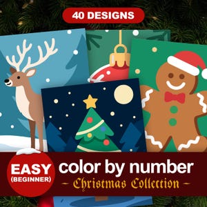 Easy Christmas 40 Design Color by Number Bundle preview with reindeer, ornament, gingerbread man, and Christmas tree designs labeled as beginner friendly and easy to color.