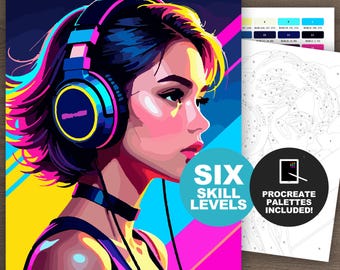 Malen nach Zahlen Set, Vaporwave Gamer Girl: Videospiele Malvorlagen für Erwachsene, Gaming-Headset Pop Art, Druckbare Procreate-Vorlage, 6 Schwierigkeitsstufen