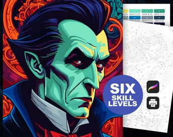 Color by Number Vampire: Spooky Halloween Paint by Numbers Printable, Dracula Coloring Page with 6 Difficulty Levels, Classic Horror Monster