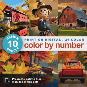 Autumn Paint by Number Kit, Color by Number Bundle, 10 Printable Adult Coloring Pages Fall Coloring Book, Procreate Compatible
