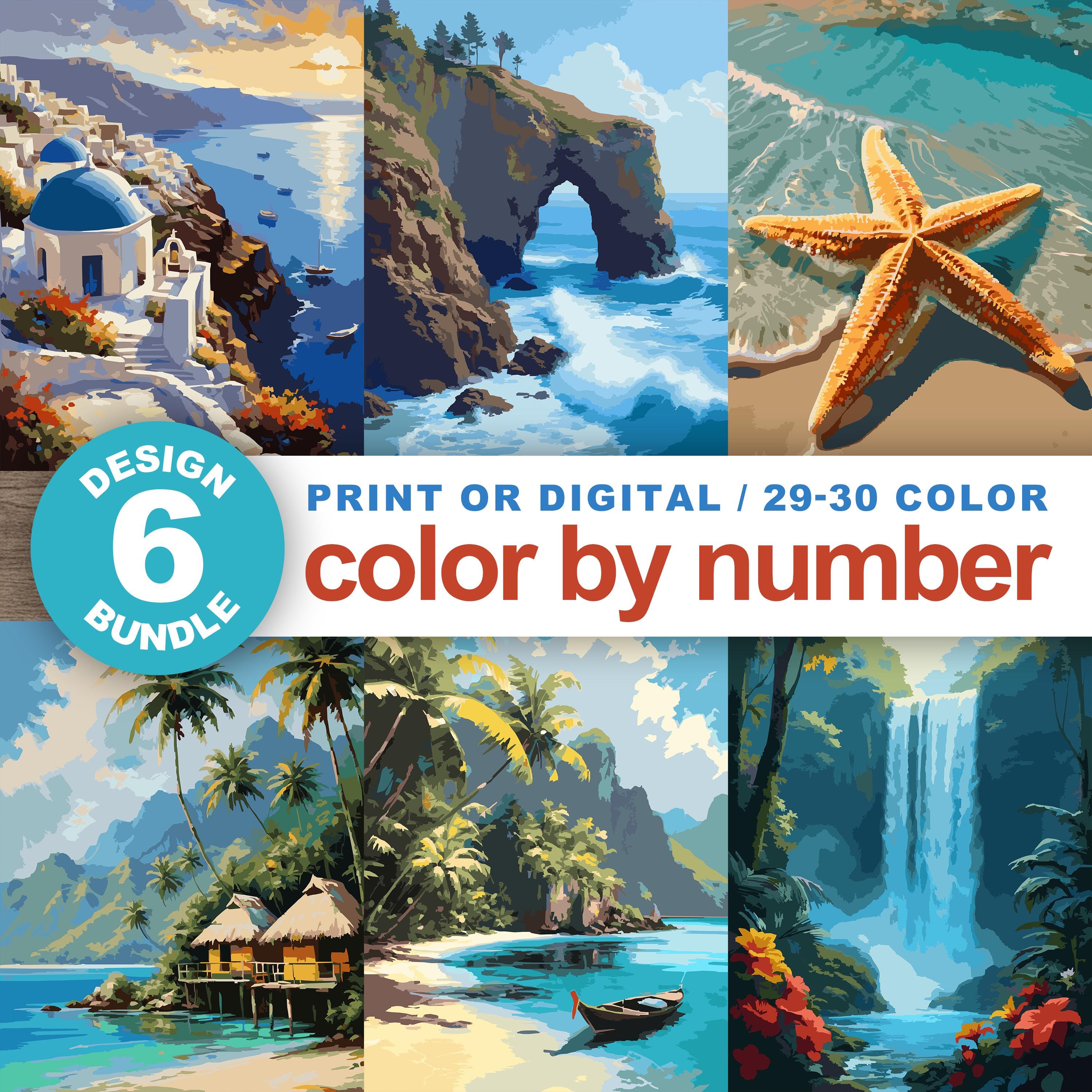 Paisajes por números (pack de 6) – Escenas de naturaleza con tema acuático Para imprimir y Procreate Descarga digital