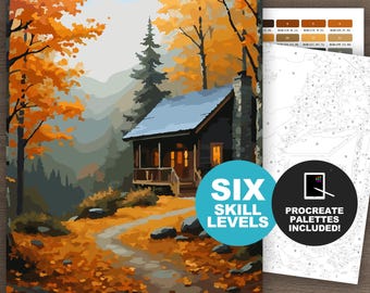Farbe nach Zahlen Herbst-Hütte: Herbstlandschaft Malen nach Zahlen Malseite zum ausdrucken und Ausmalen, digitaler Download, Wildnis (6 Schwierigkeitsstufen)