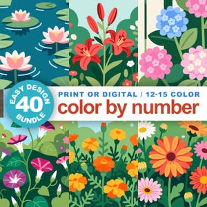 Pode incluir: Uma coleção de ilustrações florais coloridas, incluindo nenúfares, lírios, hortênsias, trepadeiras, calêndulas e margaridas. A imagem inclui o texto "Easy Design Bundle 40" e "Print or Digital / 12-15 Color color by number."