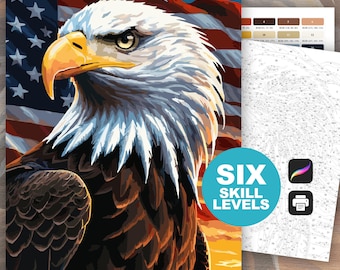 American Eagle Color by Number (6 Skill Levels): Patriotic Printable Coloring Page, American Flag Digital Download, USA Art. Bald Eagle