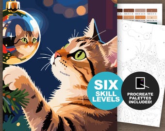 クリスマス猫オーナメント 数字で塗る塗り絵キット：ペットの塗り絵ページ（Procreateまたは印刷可能、6段階の難易度）