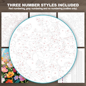 Flower paint by number example displaying red numbering, gray numbering, and outline-only coloring sheet styles.