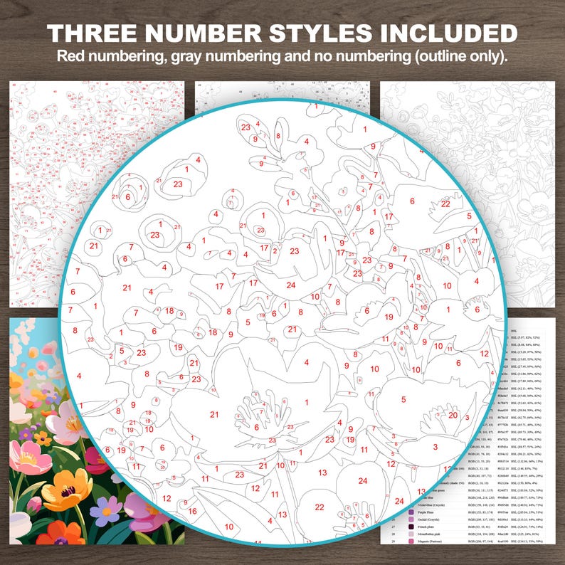Flower paint by number example displaying red numbering, gray numbering, and outline-only coloring sheet styles.