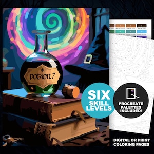 Witch Spell Paint by Number:  Halloween Coloring Pages, Spell Books and Magic Potion, Printable and Procreate-compatible, 6 Skill Levels