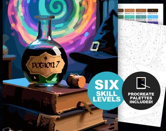 Witch Spell Paint by Number:  Halloween Coloring Pages, Spell Books and Magic Potion, Printable and Procreate-compatible, 6 Skill Levels
