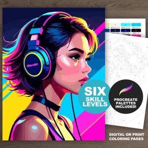 Può includere: Una pagina da colorare digitale con un'illustrazione stilizzata di una persona che indossa cuffie, con vivaci blocchi di colore rosa, blu e giallo. Il testo recita SIX SKILL LEVELS, PROCREATE PALETTES INCLUDED e DIGITAL OR PRINT COLORING PAGES.