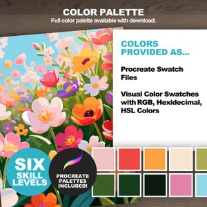 Flower field color palette preview featuring Procreate swatches and floral color references with RGB, HEX, and HSL values.