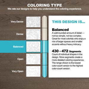 Coloring type guide rating the kawaii fox design as Balanced, with a mix of larger spaces, smaller accents, and 430–472 coloring segments
