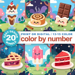 Puede incluir: Ilustración colorida con postres sonrientes: helado, rollo de canela, barra de chocolate, tarta, paleta y pastel. Incluye el texto "EASY DESIGN 20 BUNDLE" y "PRINT OR DIGITAL / 13-15 COLOR color by number."