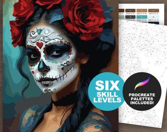 Sugar Skull Woman Color by Number: Day of the Dead Printable or Procreate Coloring Page, Mexican Festival Art (6 Skill Levels)