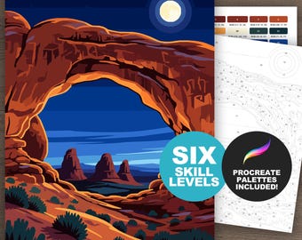 Arches National Park Farbe nach Anzahl Naturszene Malseiten Red Rock Night (Procreate, digital und druckbar, 6 Schwierigkeitsstufen)